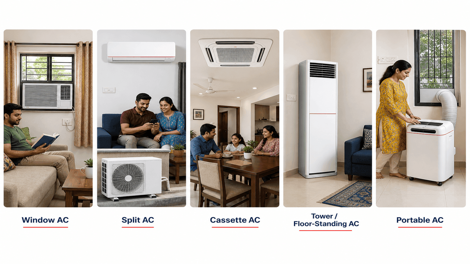 Side-by-side flat illustration of five air conditioner types: window, split, cassette, tower, and portable, drawn in brand red and navy editorial style.