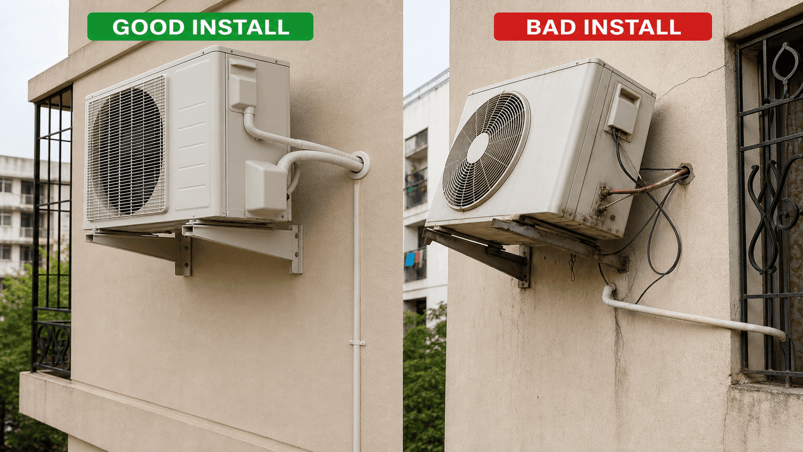Side-by-side comparison photo of good and bad split AC outdoor unit installations on an Indian apartment exterior wall, showing differences in bracket quality, pipe insulation, drainage slope, and wiring.