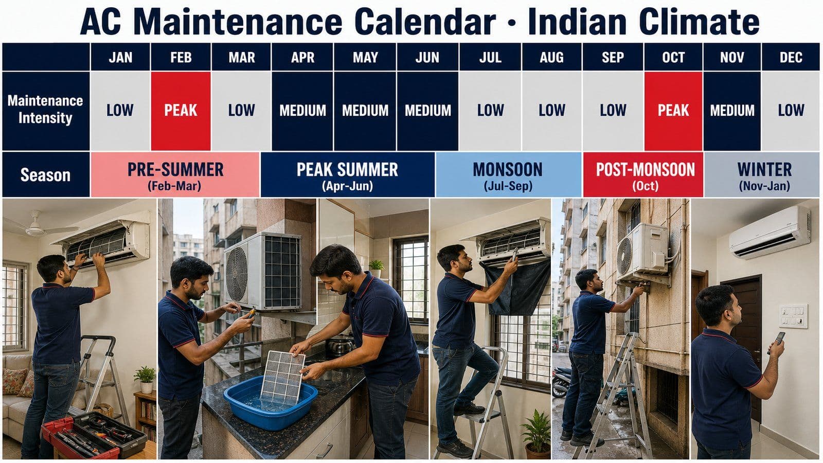 Horizontal 12-month AC maintenance calendar for Indian climate showing pre-summer deep service in February-March, peak summer Apr-Jun, monsoon Jul-Sep, post-monsoon recovery in October, and winter Nov-Jan.