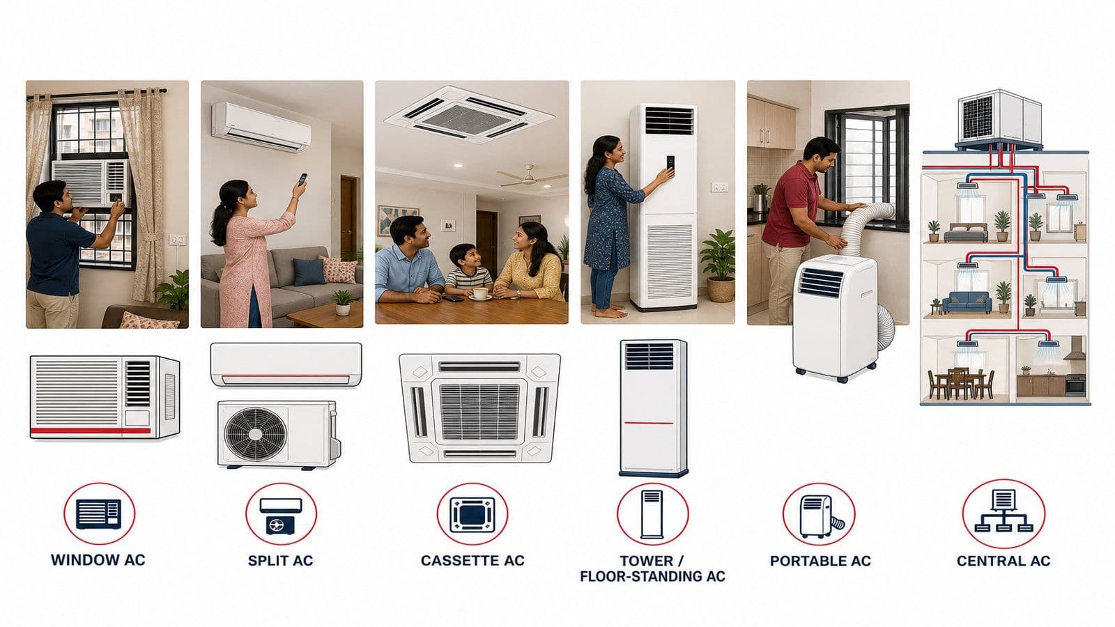 Side-by-side editorial illustration of six air conditioner formats sold in India: window, split, cassette, tower, portable, and central, on a clean white background with brand red and navy accents.