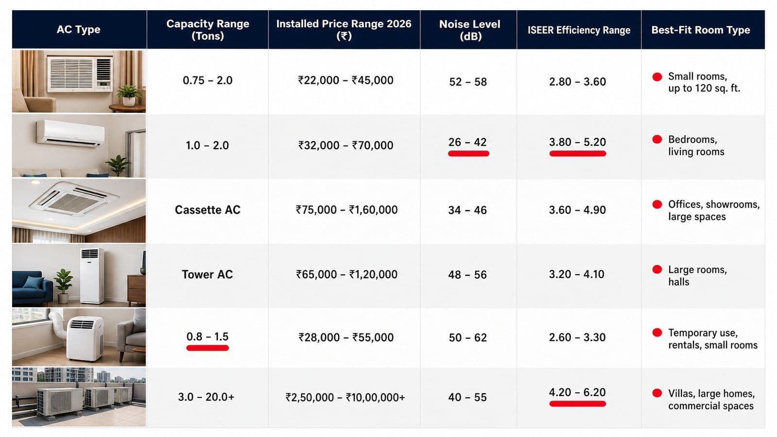 Editorial comparison chart showing six AC unit types across capacity range, installed price 2026, noise level, ISEER range, and best-fit room scenario, rendered in brand navy and red on a clean white background.