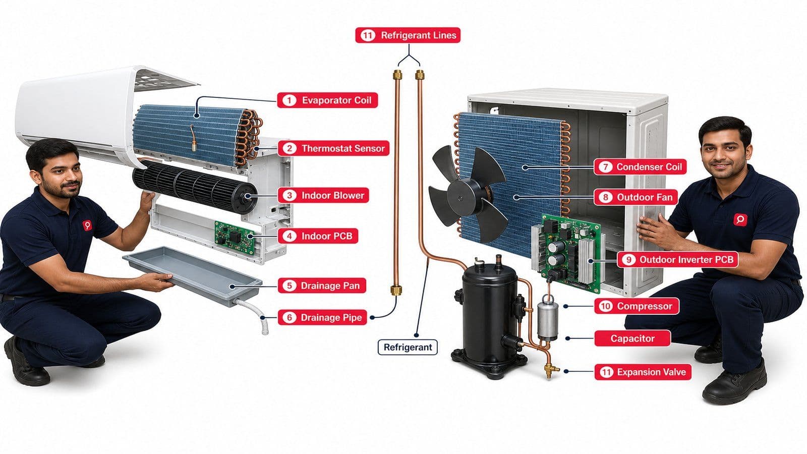 Exploded-view editorial illustration of a split AC showing all 11 components labelled: compressor, condenser coil, expansion valve, evaporator coil, refrigerant lines, indoor blower fan, outdoor fan, PCB, capacitor, thermostat sensor, and drainage pan.