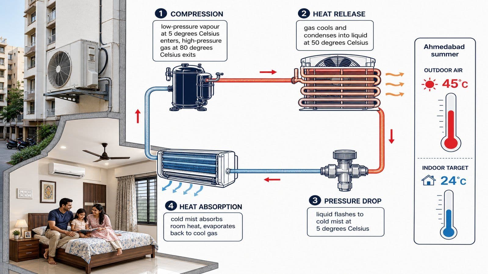 Annotated refrigerant cycle infographic showing the four stages of the vapour-compression cycle with arrows: compression at the outdoor compressor, heat release at the condenser coil, pressure drop at the expansion valve, and heat absorption at the indoor