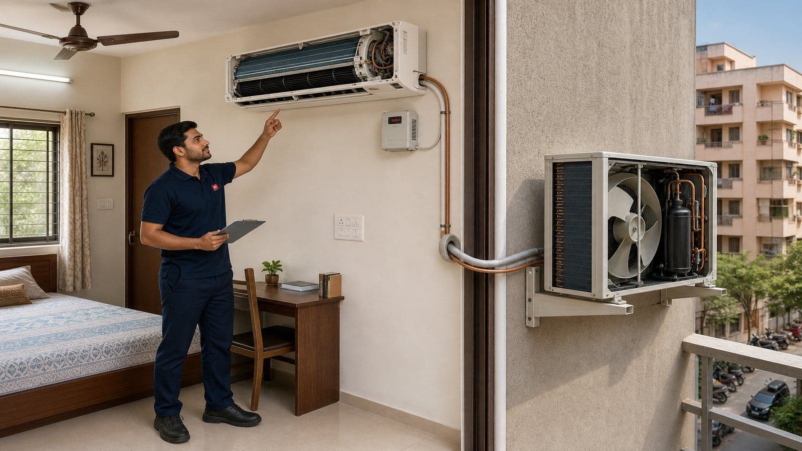Realistic cutaway illustration of a split AC installed in an Indian apartment: indoor wall unit in a bedroom with evaporator and blower visible, connected via copper pipes through a wall sleeve to an outdoor condenser unit mounted on a bracket on the balc