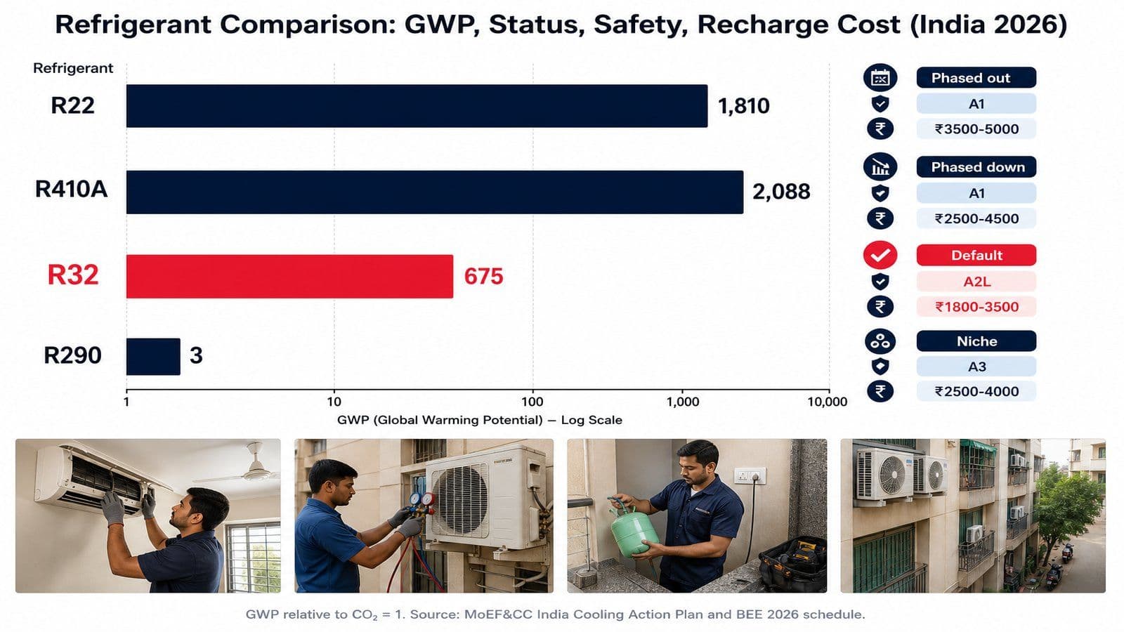 Horizontal bar chart comparing GWP of R22, R410A, R32, and R290 AC refrigerants, with status badges and recharge cost ranges for the Indian residential market in 2026.