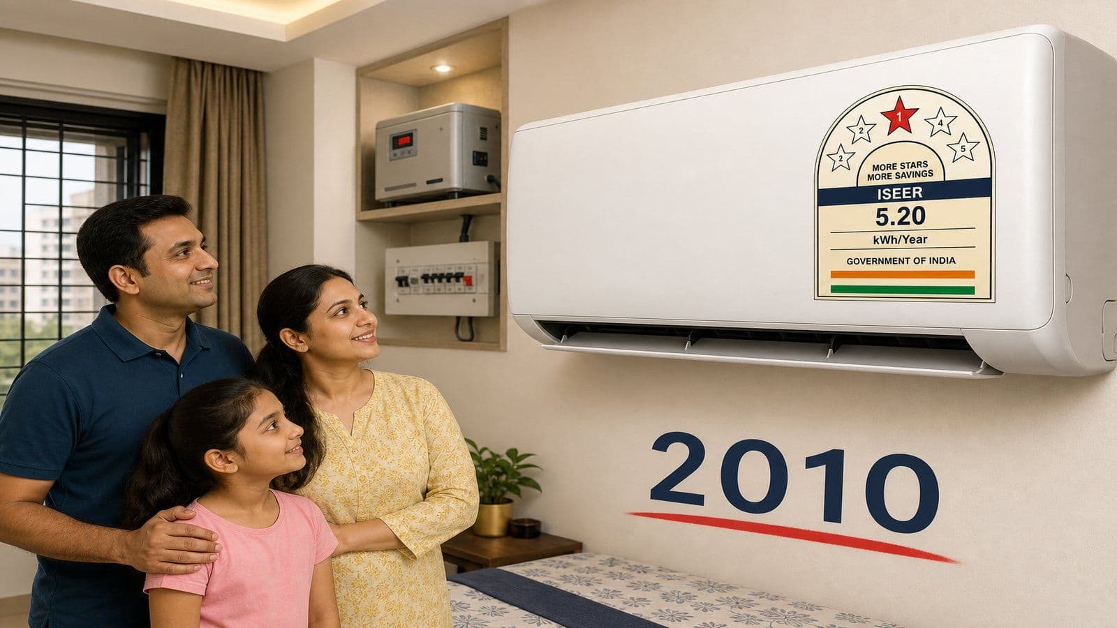 Editorial illustration of a BEE star rating label on a split AC mounted in an Indian apartment bedroom with a voltage stabiliser and MCB switchboard nearby