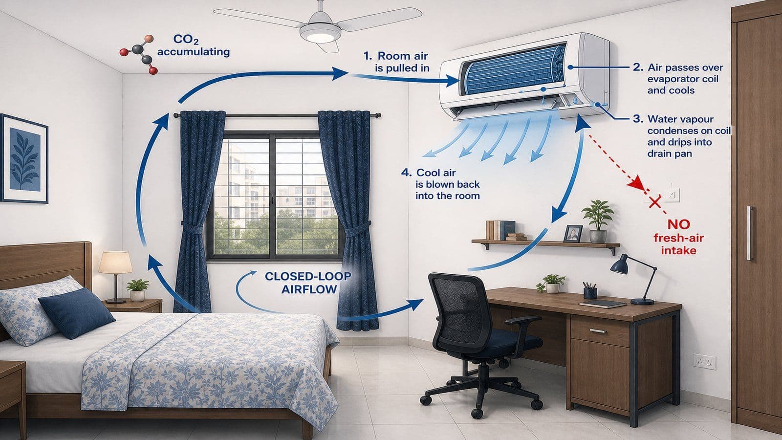 Diagram of a split AC in an Indian apartment bedroom showing closed-loop airflow recirculation with no fresh-air intake and CO2 accumulating near the ceiling.