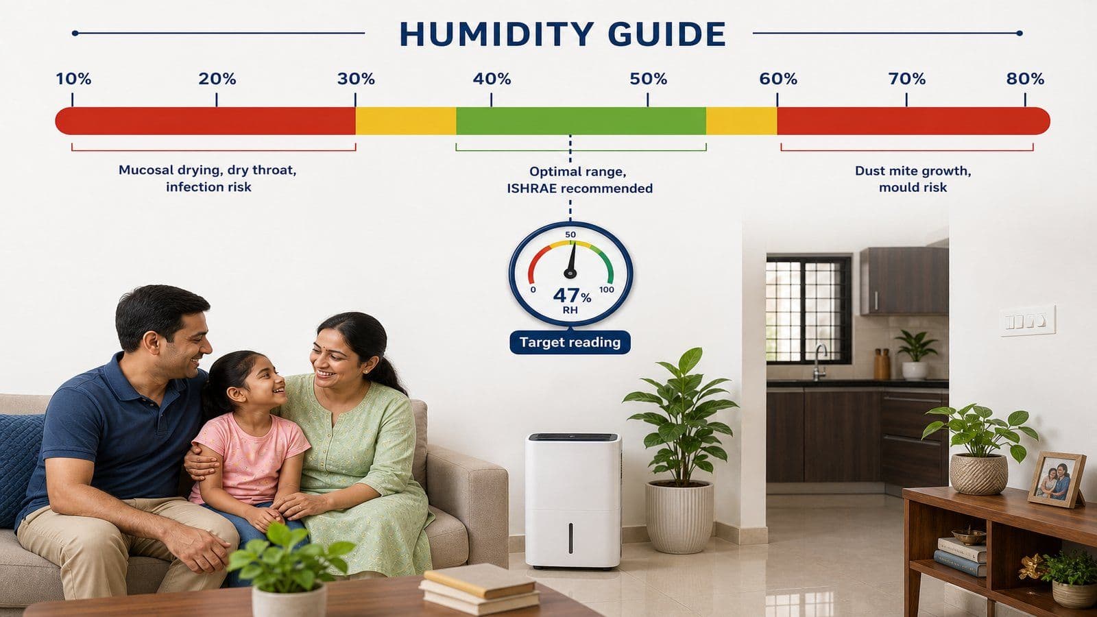 Horizontal humidity zone diagram from 10 to 80 percent showing red zones at the extremes for mucosal drying and mould growth, with the green optimal range of 40 to 55 percent marked as ISHRAE recommended.