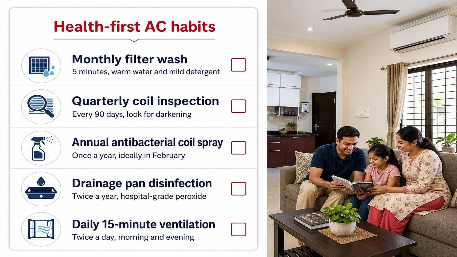 Editorial checklist illustration of the five health-first AC habits: monthly filter wash, quarterly coil inspection, annual antibacterial spray, drainage pan disinfection, and the daily 15-minute ventilation cycle, each shown with a small circular icon an