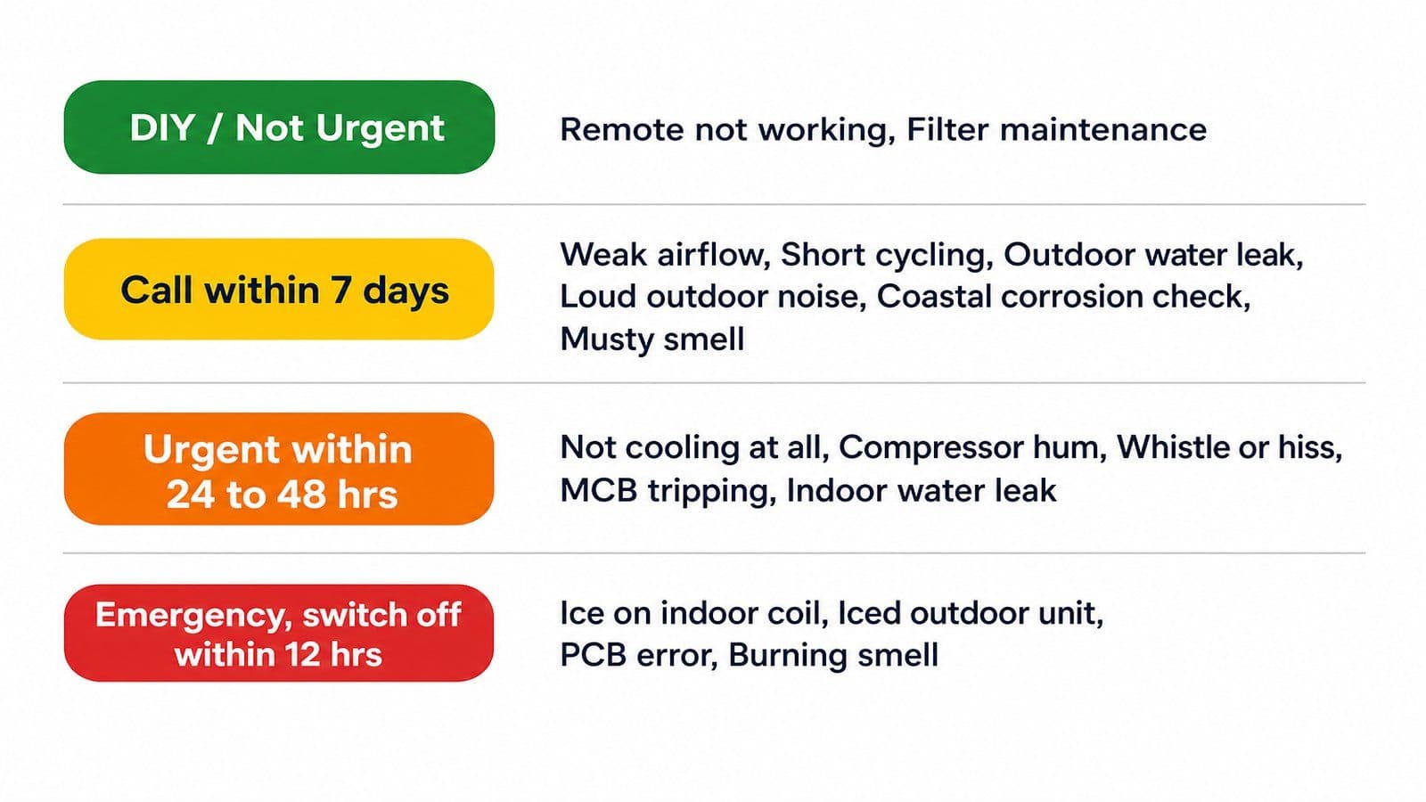 Four-row colour-coded urgency chart for AC problems: green for DIY or not urgent, yellow for call within 7 days, orange for urgent within 24 to 48 hours, and red for emergency switch-off within 12 hours, with each AC problem listed under its appropriate u