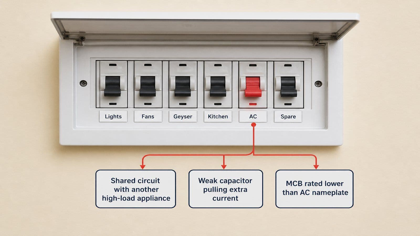 Editorial illustration of an Indian apartment MCB box with six labelled switches, the AC switch shown tripped in red, and three callout boxes listing the most common causes: shared circuit, weak capacitor, and under-rated MCB.