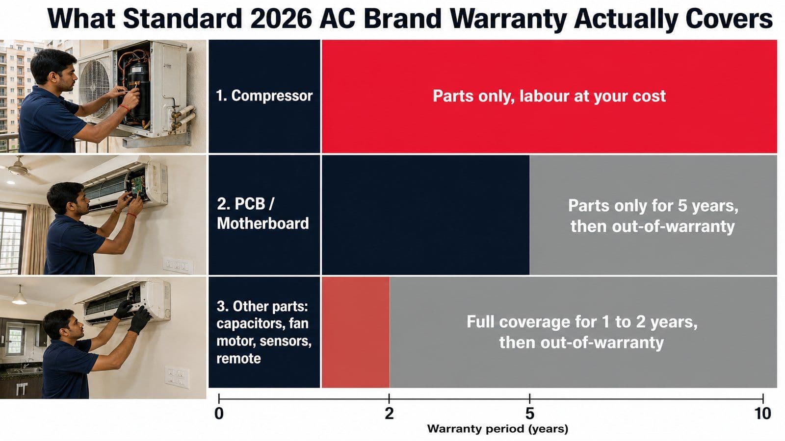 Horizontal stacked-bar infographic showing AC warranty coverage breakdown: 10-year compressor parts, 5-year PCB parts, 1-to-2-year full coverage for other parts under typical 2026 Indian brand warranty terms.