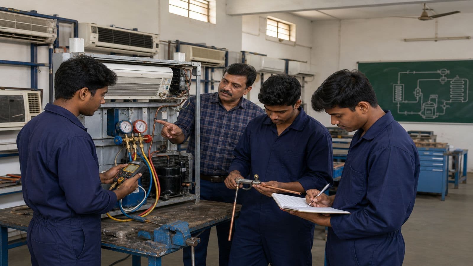 Three young Indian trainees in navy coveralls practising on a sectioned split AC training rig in a government ITI workshop